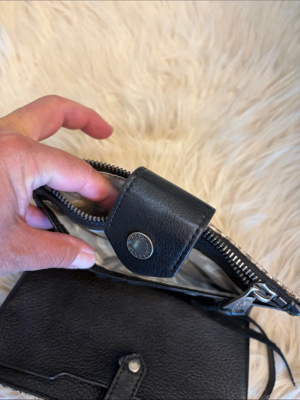 Aimee Kestenberg Gray Snake-Print Leather Wristlet with Black Snap and Strap